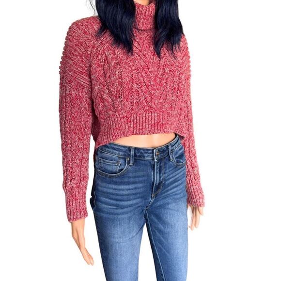 C/MEO Collective Red Up Together Sweater S Chunky Knit Turtleneck Crop Holiday - Picture 3 of 7
